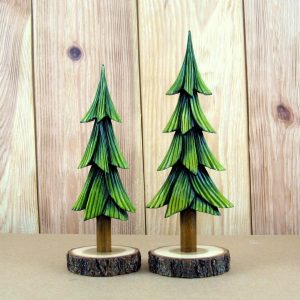 Two Hand Carved Pine Trees - Rustic Wooden Decor