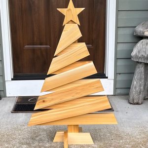 Cedar Wood Christmas Tree with Star - 32 Inch Natural Wooden Indoor Outdoor Holiday Decor